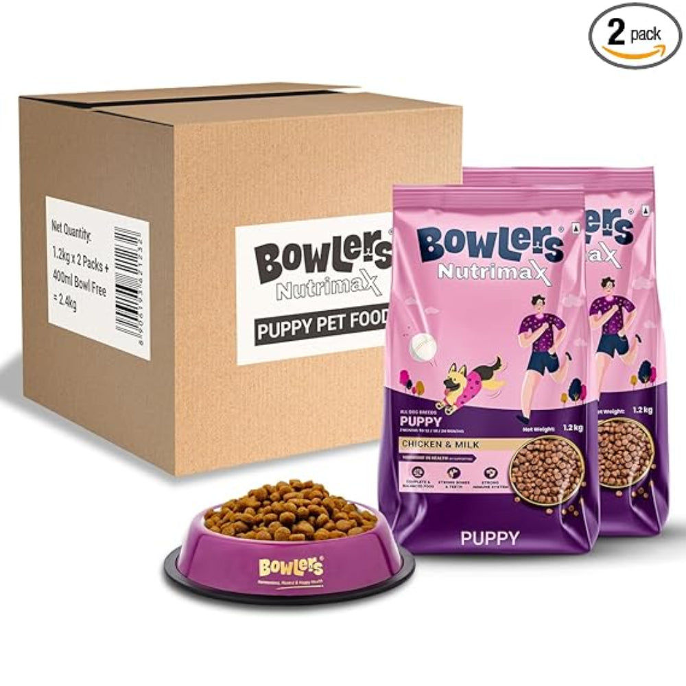 bowlers-chicken-and-milk-nutrimax-puppy-dog-dry-food 2x1.2kg + 400ml Bowl Free