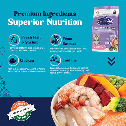Carniwel Fresh Fish and Shrimp For Kitten Cat Dry Food — in use