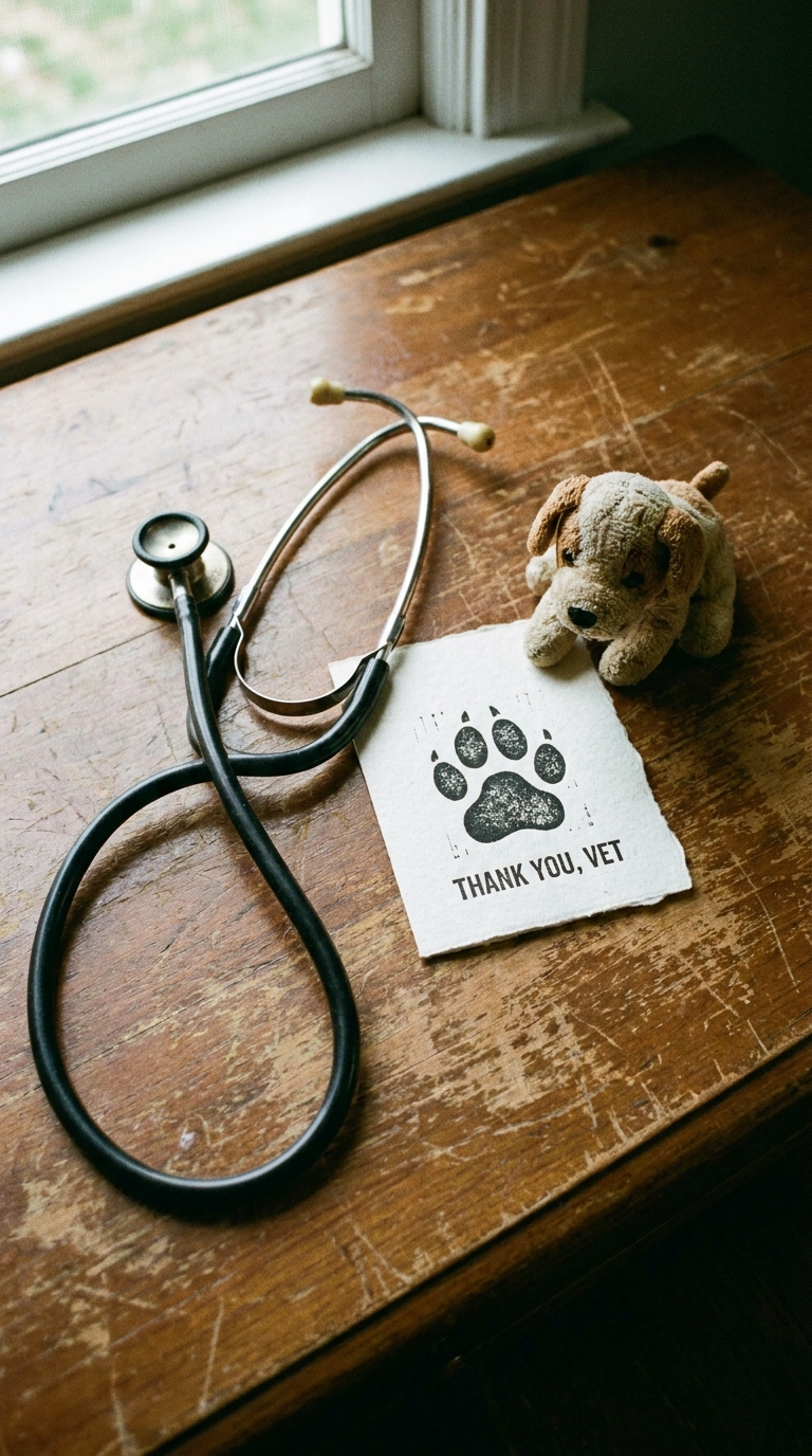 Stethoscope, plush toy, and 'Thank You, Vet' card on a wooden surface near a window.