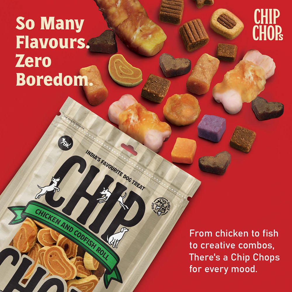Chip Chops Chicken and Codfish Rolls Dog Treats — in use