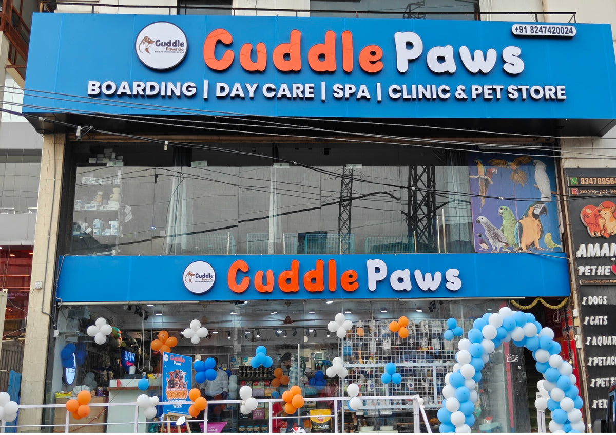 Cuddle Paws Co pet store front in Gachibowli, Hyderabad, signage reading boarding, day care, spa, clinic and pet store