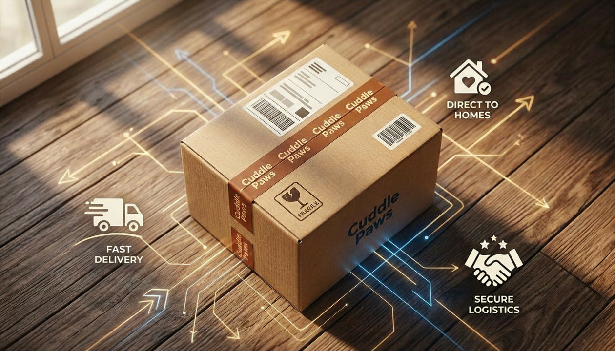 Two cardboard boxes on a wooden floor with icons and text indicating fast delivery, secure logistics, and direct to homes.