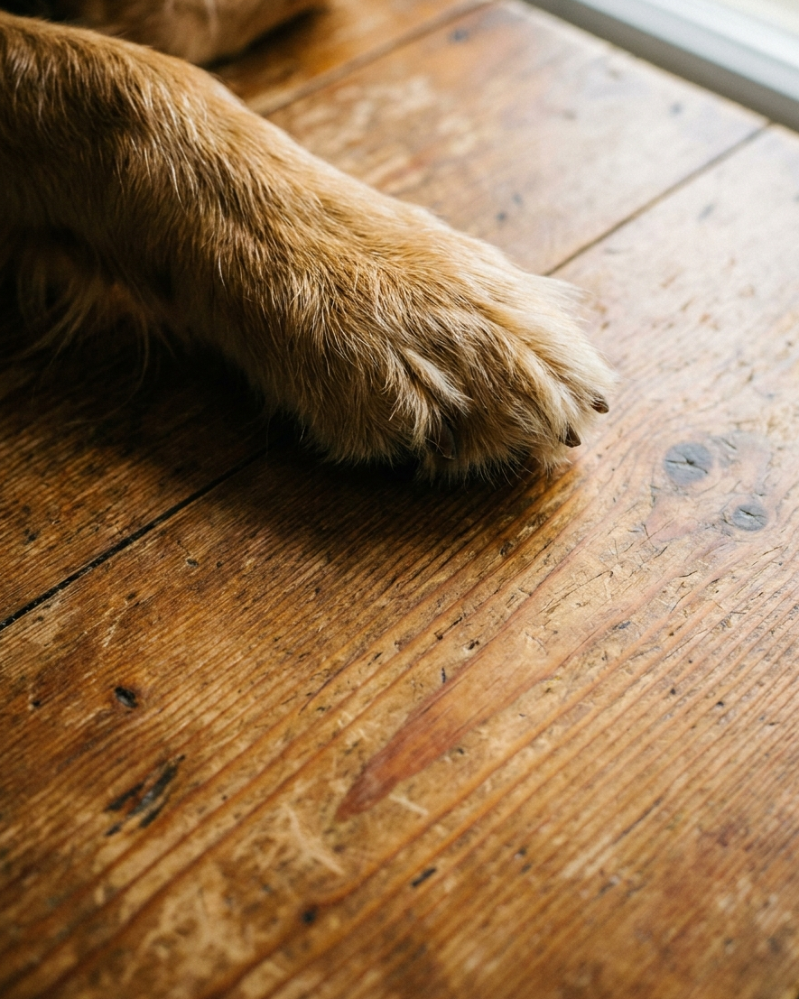 Close-up of a dog's paw on a wooden floor