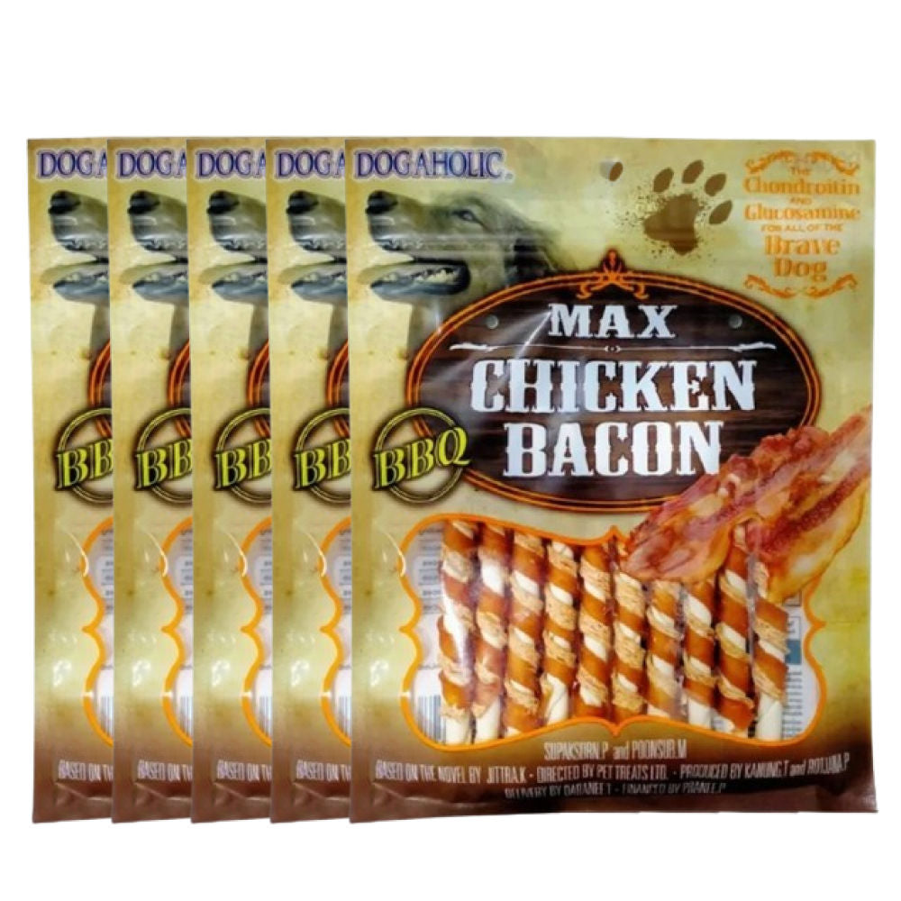 Dogaholic Max Barbeque Chicken Bacon Sticks Dog Treats — in use