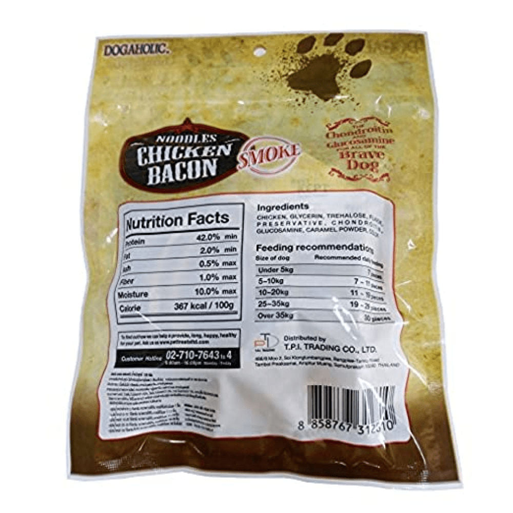 Dogaholic Noodles Smoked Chicken Bacon Strips Dog Treats — side view