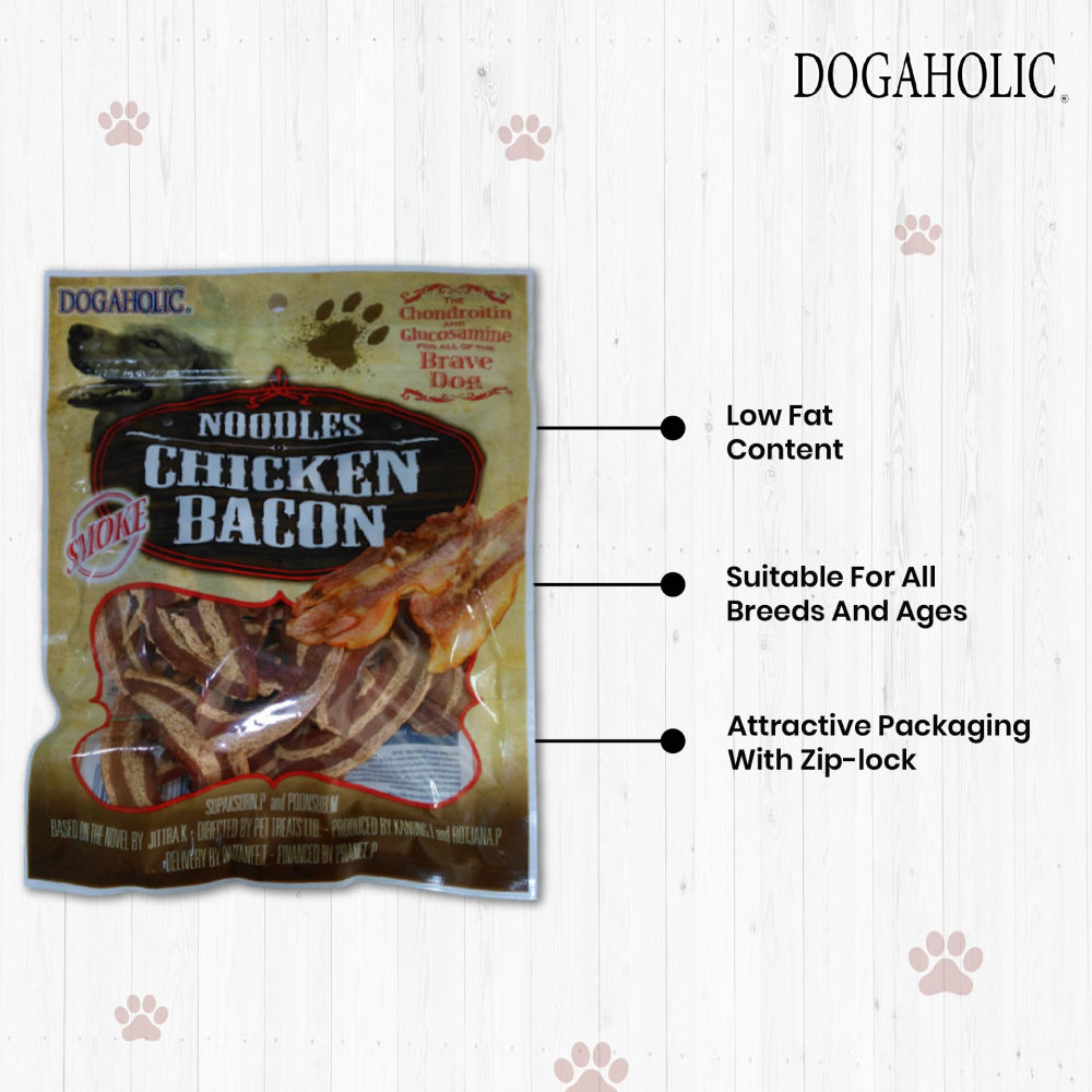 Dogaholic Noodles Smoked Chicken Bacon Strips Dog Treats — detail shot