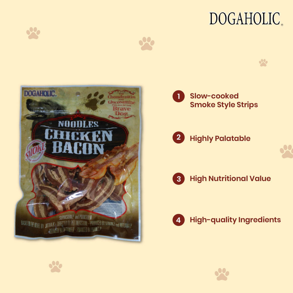 Dogaholic Noodles Smoked Chicken Bacon Strips Dog Treats — in use