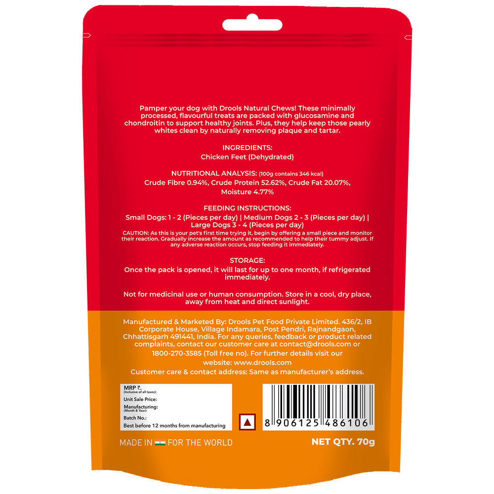 Drools Dehydrated Real Chicken Feet Chews Treat for Dogs — side view