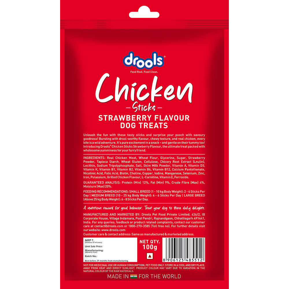 Drools Strawberry Flavour Chicken Sticks Treat for Dogs — side view