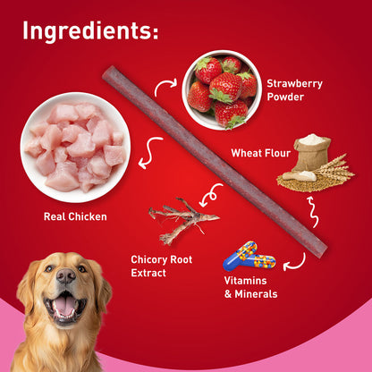 Drools Strawberry Flavour Chicken Sticks Treat for Dogs — in use