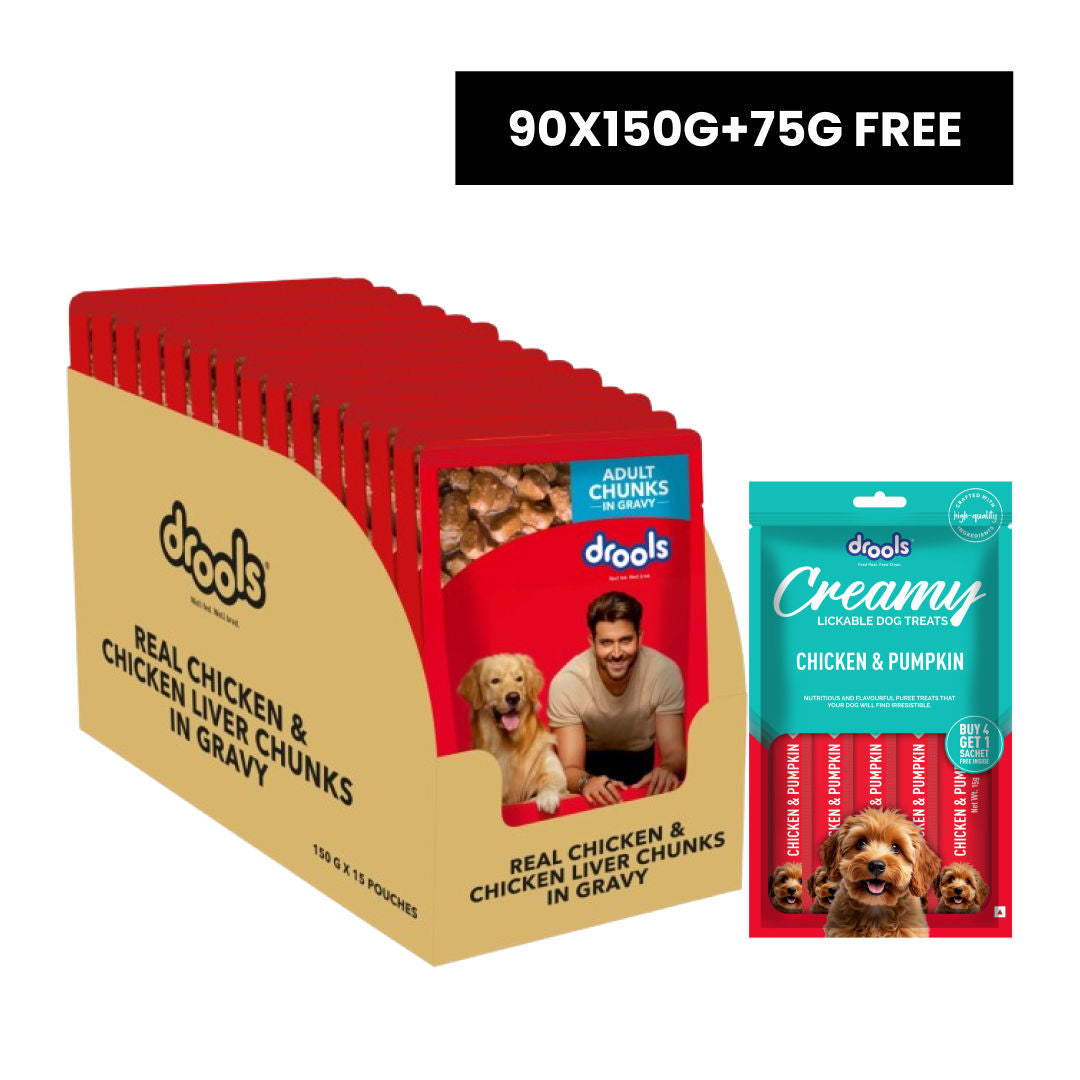 drools-real-chicken-chicken-liver-chunks-in-gravy-adult-dog-wet-food 90x150g+75g Treat Free