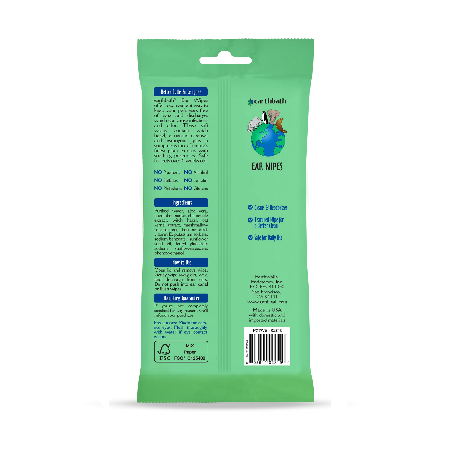 Earthbath Botanical Fresh Cucumber and Chamomile Ear Wipes — back view