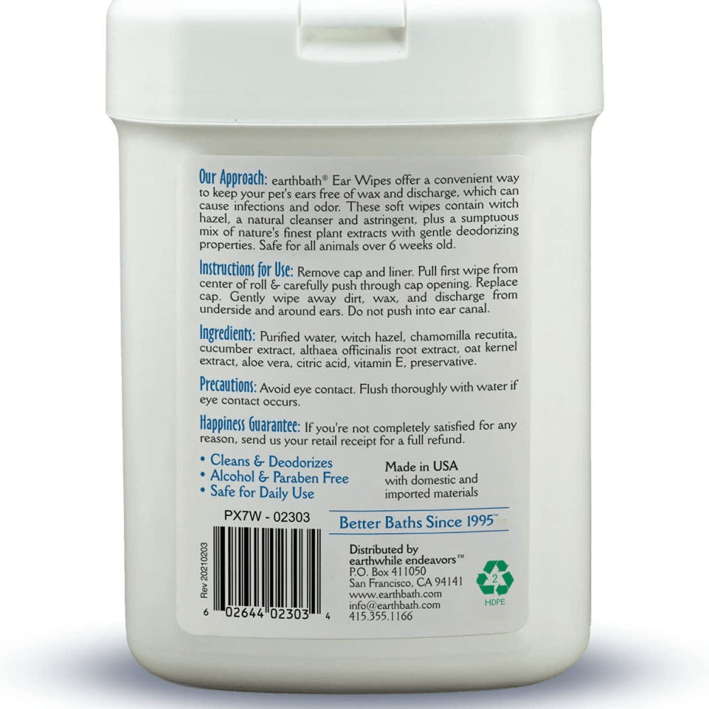 EarthBath Witch Hazel Fragrance Free Ear Wipes for Dogs and Cats — back view