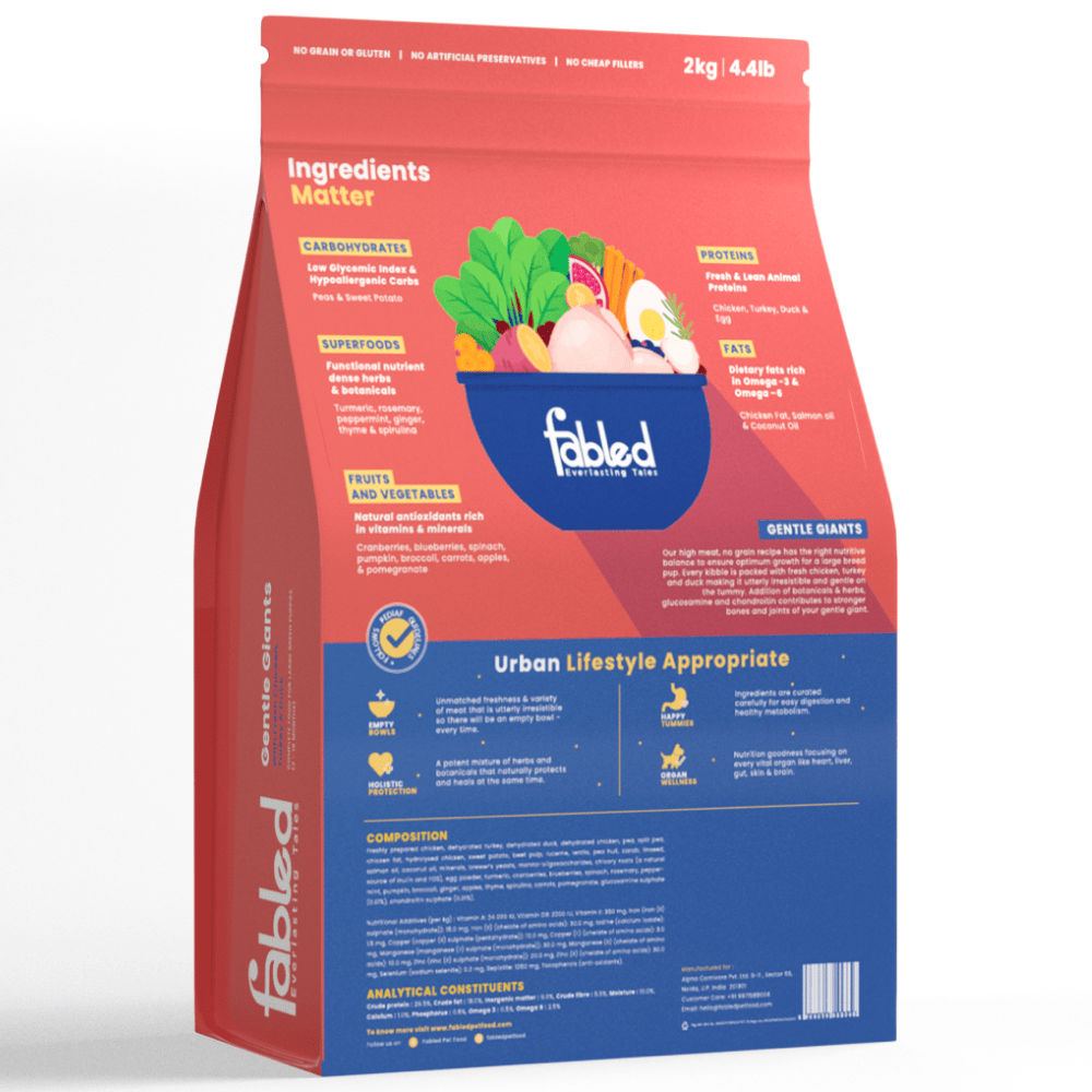Fabled Gentle Giants Fresh Chicken Turkey and Duck Large Breed Puppy Dry Food — in use