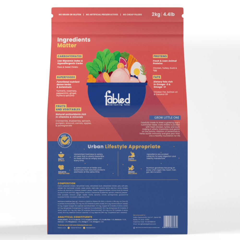 Fabled Grow Little One Fresh Chicken Turkey & Duck Small Medium Dog Dry Food — in use