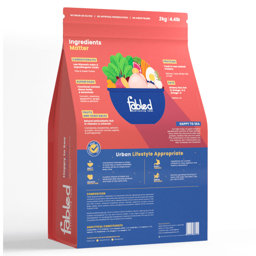 Fabled Happy to Sea Fresh Salmon Tuna White Fish and Cod Adult Dog Dry Food — detail shot