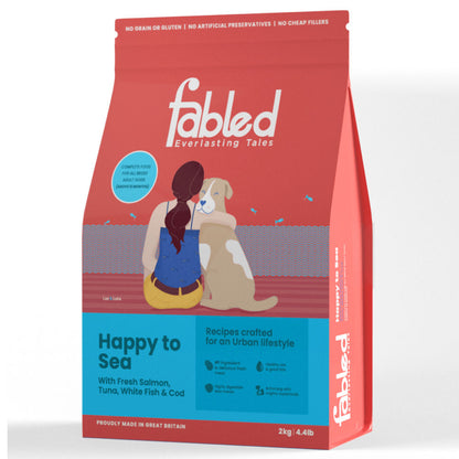 Fabled Happy to Sea Fresh Salmon Tuna White Fish and Cod Adult Dog Dry Food — in use