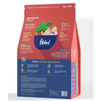 Fabled Well Begun Fresh Chicken Turkey and Duck Puppy Starter Dry Food — in use