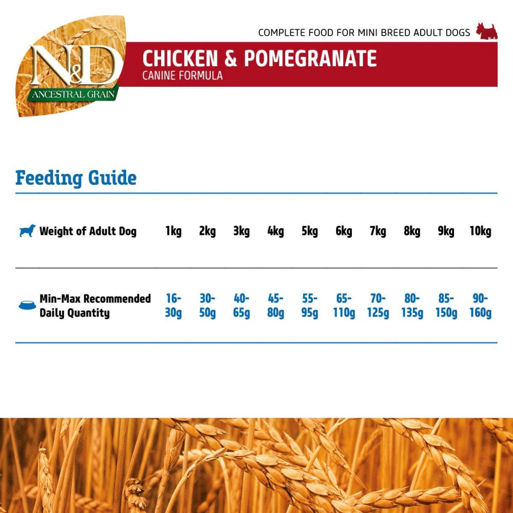 Farmina N&D Ancestral Grain Chicken & Pomegranate Adult Mini Dog Dry Food — in use