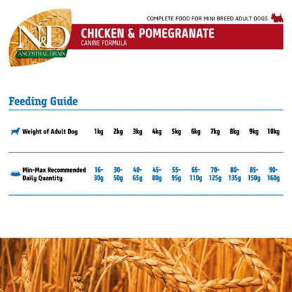 Farmina N&D Ancestral Grain Chicken & Pomegranate Adult Mini Dog Dry Food — in use