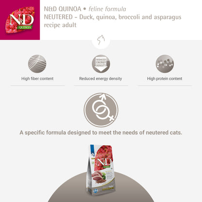 Farmina N&D Neutered Quinoa Duck, Broccoli & Asparagus Adult Cat Dry Food — detail shot