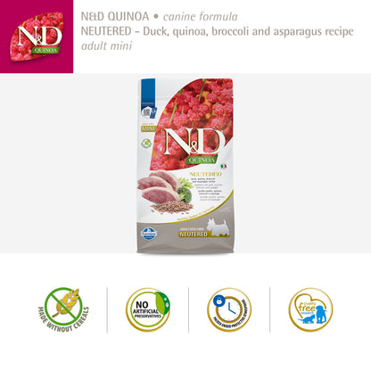 Farmina N&D Neutered Quinoa Duck, Broccoli & Asparagus Adult Mini Dog Dry Food — detail shot