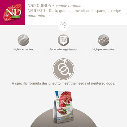 Farmina N&D Neutered Quinoa Duck, Broccoli & Asparagus Adult Mini Dog Dry Food — in use
