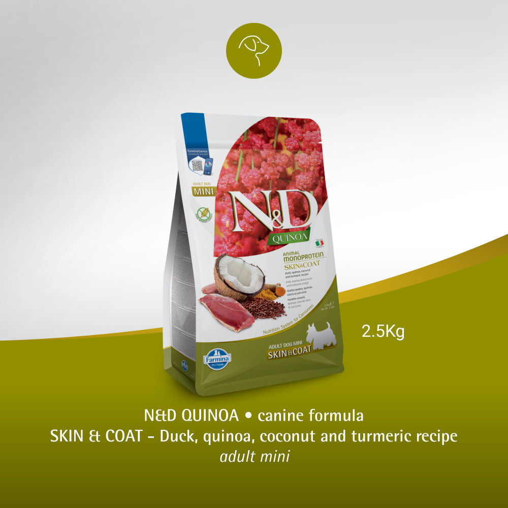 Farmina N&D Quinoa Duck Coconut & Turmeric Skin & Coat Grain Free Mini Adult Dog Dry Food — in use