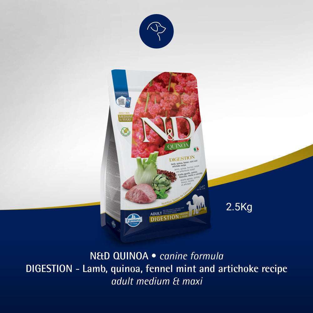 Farmina N&D Quinoa Lamb Mint & Fennel Digestion Grain Free Adult Medium Maxi Dry Dog Food — detail shot