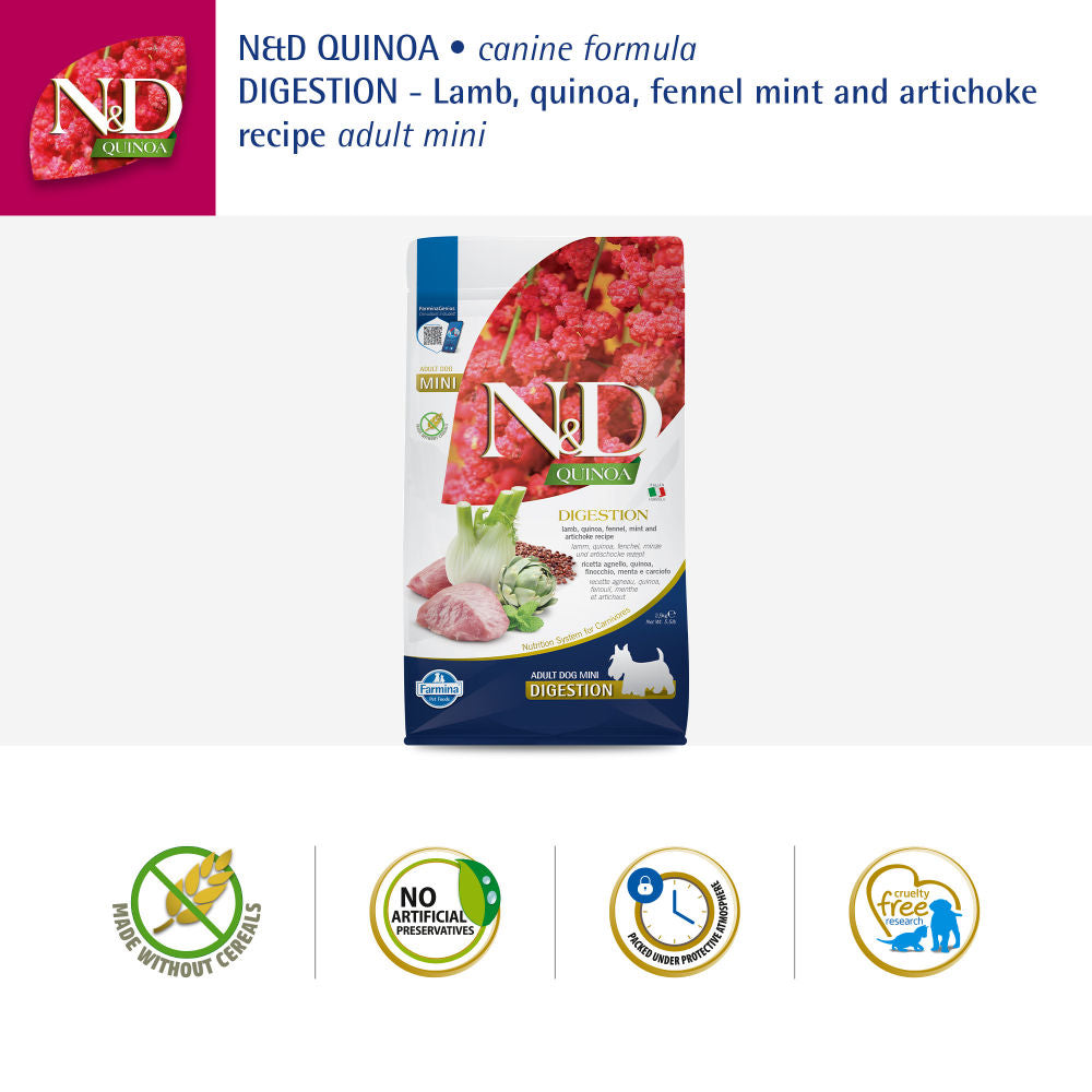 Farmina N&D Quinoa Lamb Mint & Fennel Digestion Grain Free Adult Mini Dry Dog Food — in use