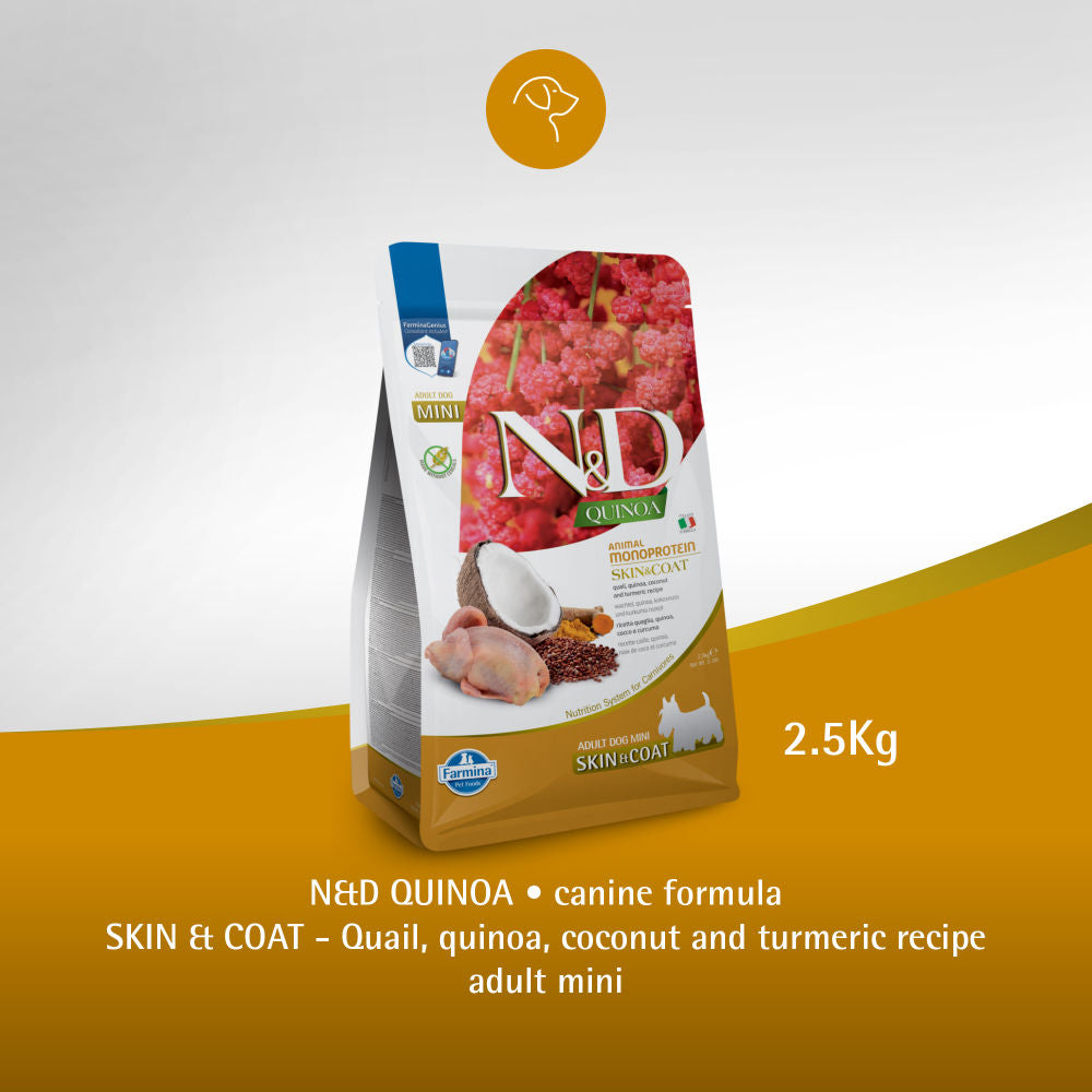 Farmina N&D Quinoa Quail Coconut & Turmeric Skin & Coat Adult Mini Dog Dry Food — detail shot