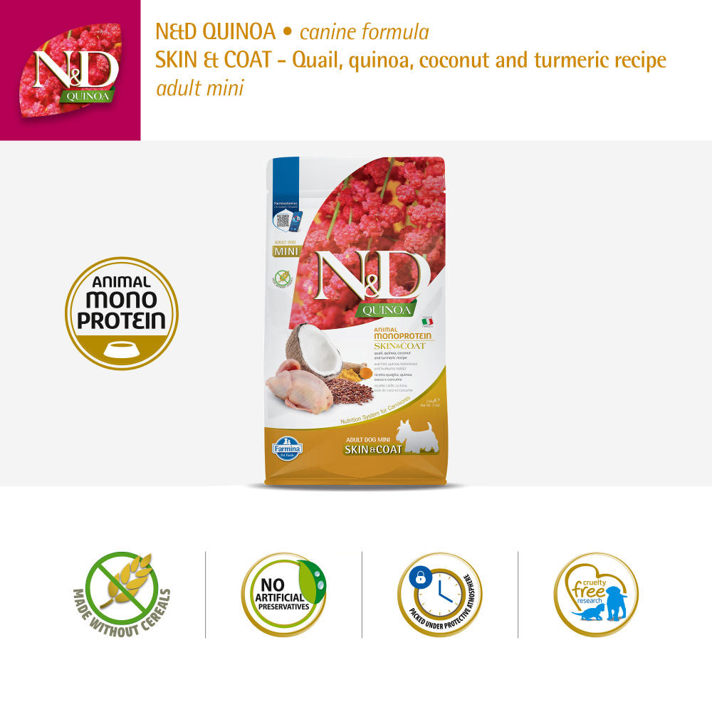 Farmina N&D Quinoa Quail Coconut & Turmeric Skin & Coat Adult Mini Dog Dry Food — in use