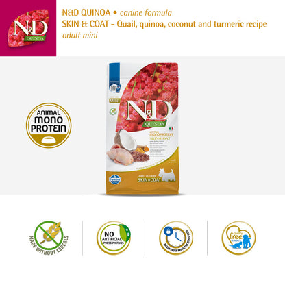 Farmina N&D Quinoa Quail Coconut & Turmeric Skin & Coat Adult Mini Dog Dry Food — in use