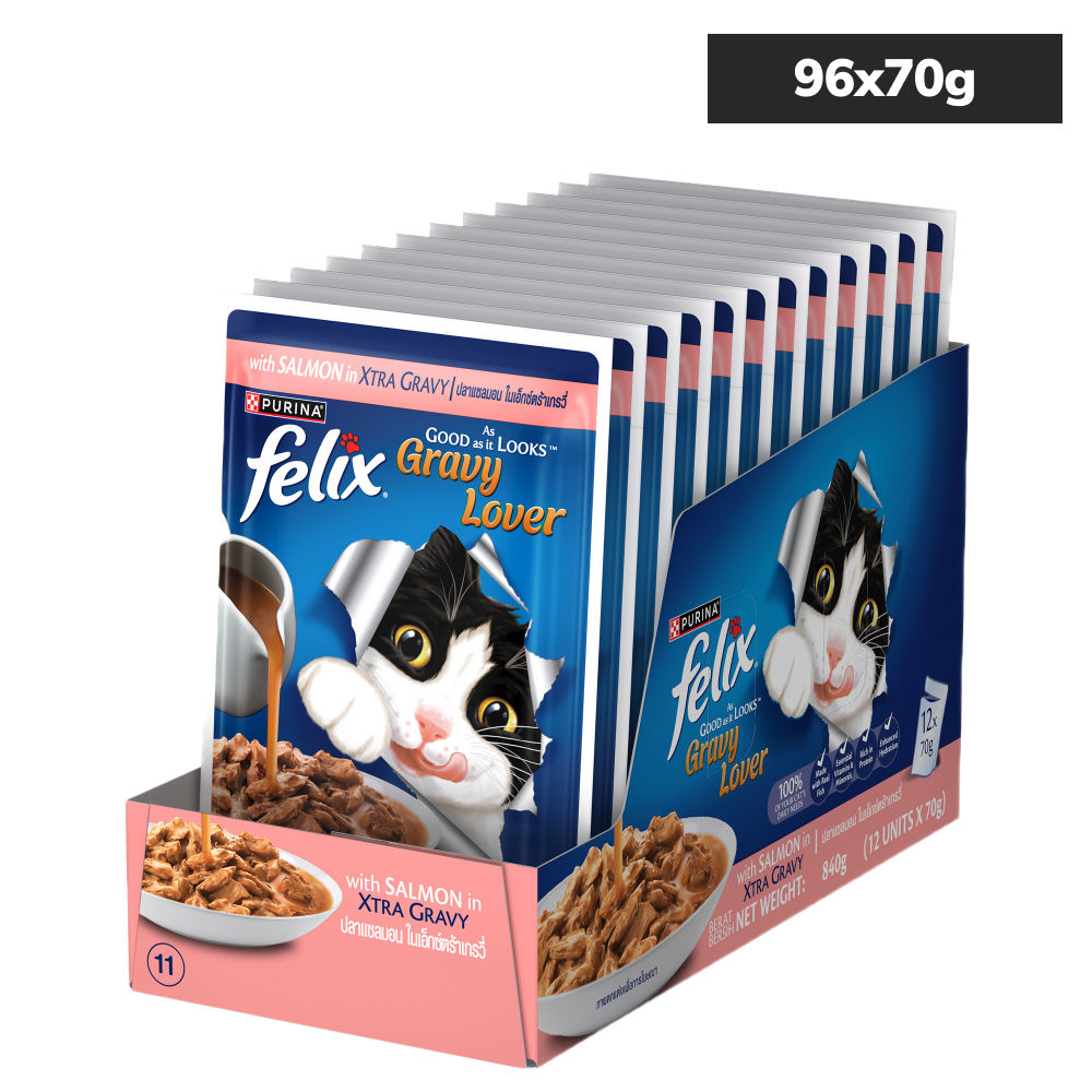 Purina Felix Gravy Lover Salmon Chunks Adult Complete and Balanced Cat Wet Food — in use