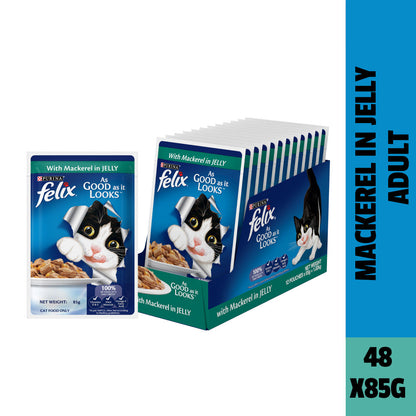 Purina Felix with Mackerel in Jelly Complete and Balanced Adult Cat Wet Food — detail shot