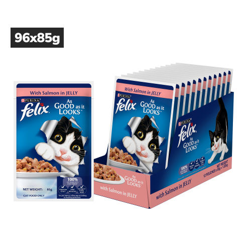 Purina Felix with Salmon in Jelly Adult Complete and Balanced Cat Wet Food — in use