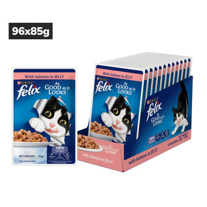 Purina Felix with Salmon in Jelly Adult Complete and Balanced Cat Wet Food — in use