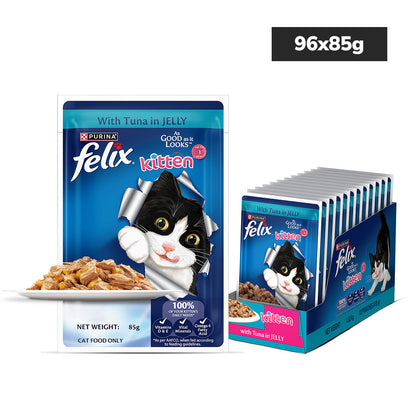 Purina Felix with Tuna in Jelly Complete and Balanced Kitten Wet Food — in use