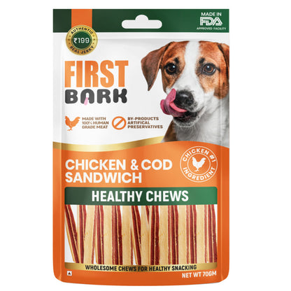 first-bark-chicken-cod-sandwich-dog-treats 70g