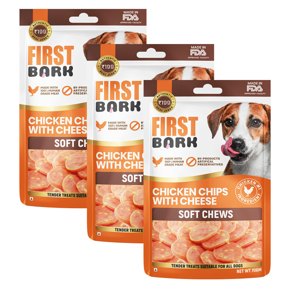 First Bark Chicken Chips with Cheese Jerky Dog Treat — side view