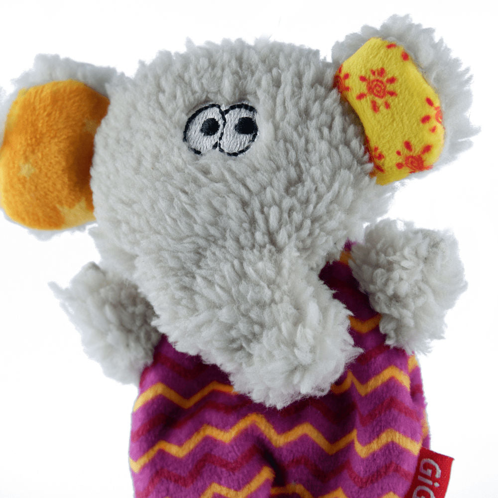 GiGwi Plush Friendz with Refillable Squeaker Elephant Toy for Dogs (Grey/Red) | For Medium Chewers — in use