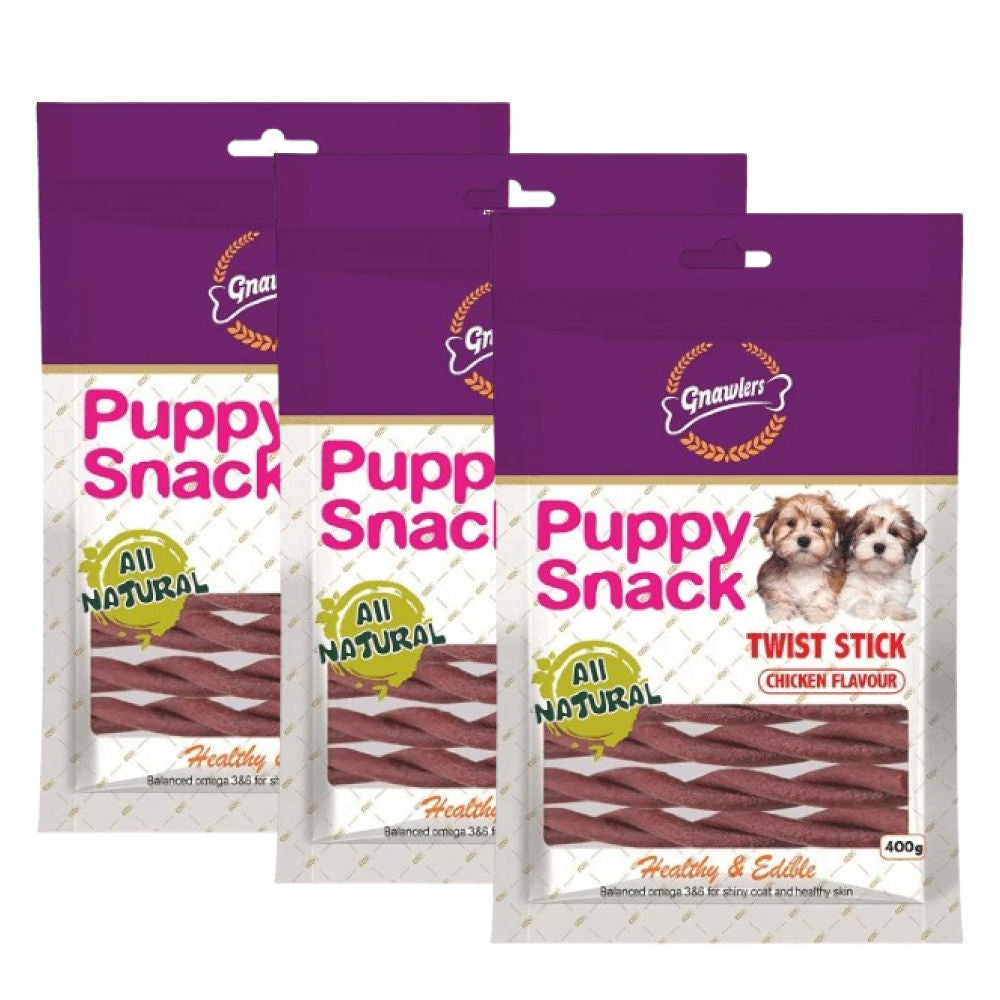Gnawlers Puppy Snack Twist Stick Chicken Flavoured Dog Treats — side view