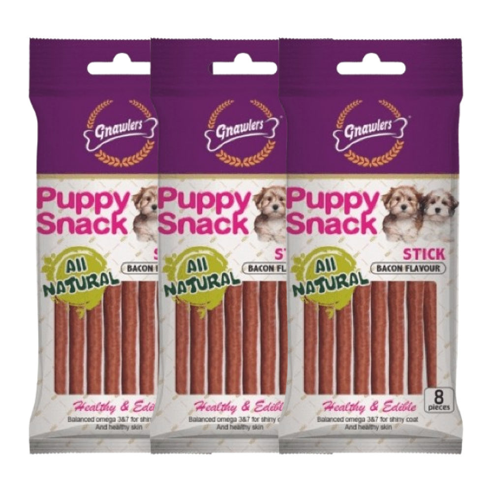 Gnawlers Puppy Snack Stick Bacon Flavoured Dog Treats — in use