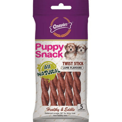 Gnawlers Puppy Snack Twist Stick Lamb Flavoured Dog Treats — in use