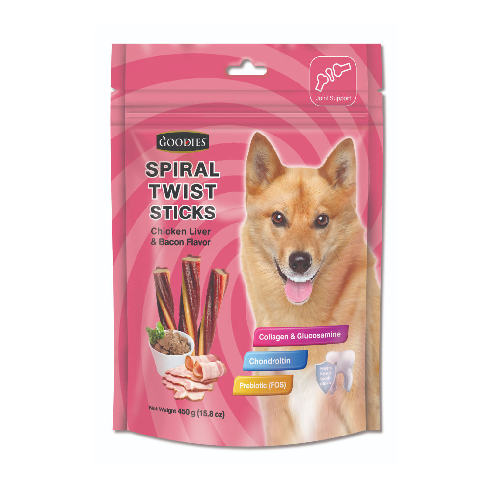 Goodies Chicken Liver & Bacon Spiral Twist Stick Dog Treats — in use