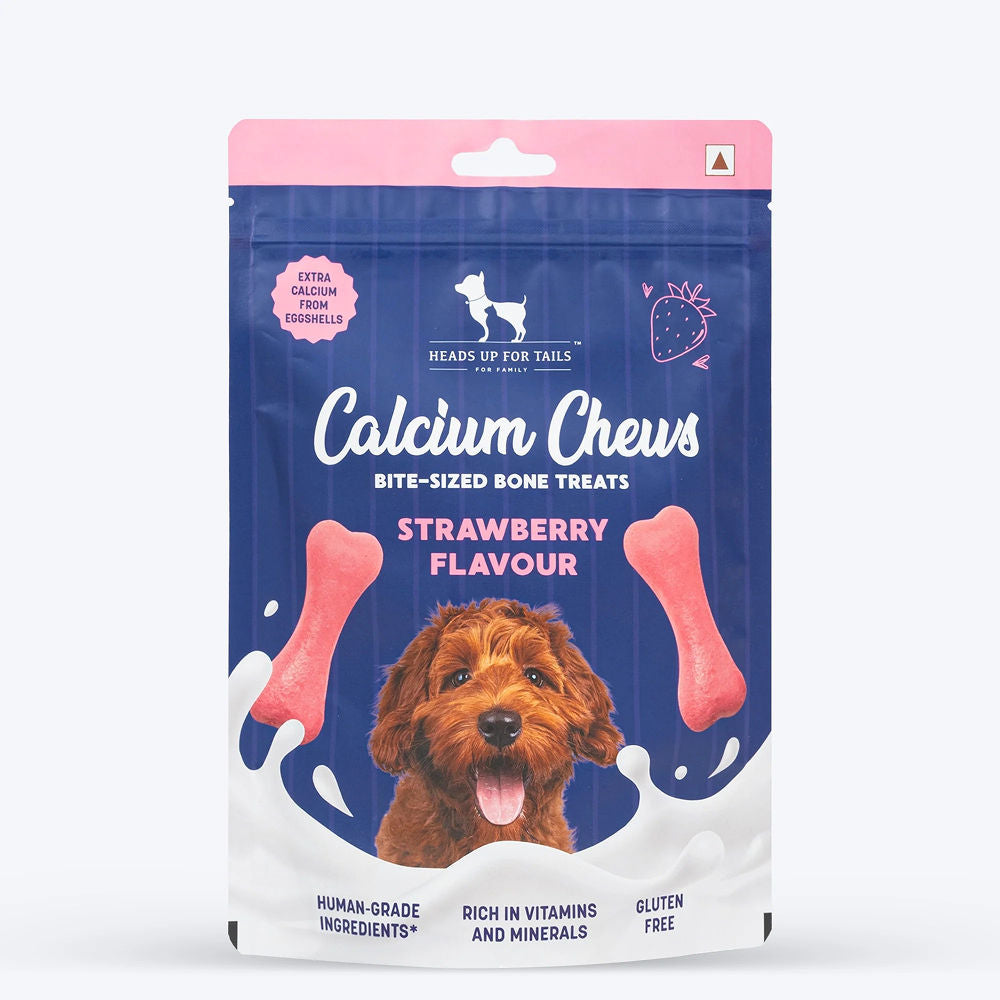 HUFT Gluten Free Bite Sized Calcium Strawberry Bone Chew Dog Treats — in use