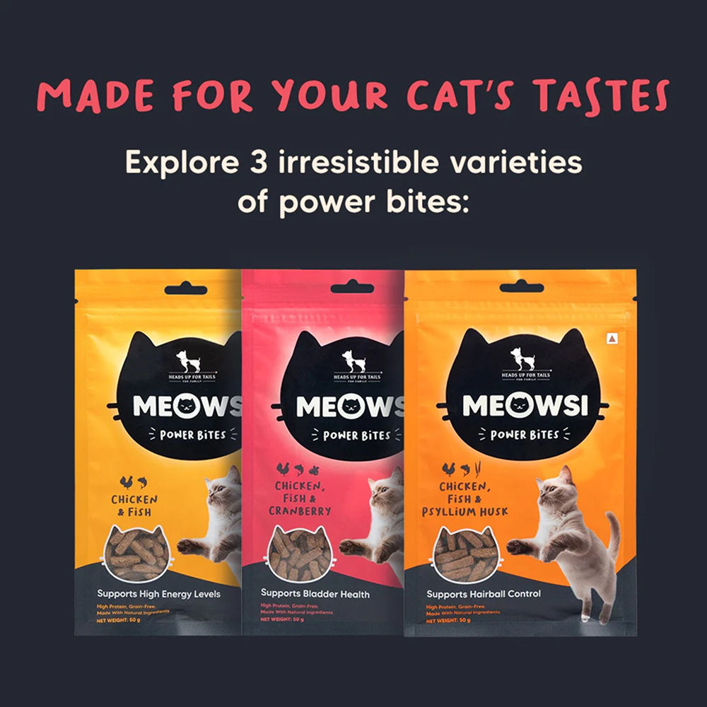 HUFT Meowsi Grain Free Chicken, Fish & Cranberry Power Bites Cat Treats — in use