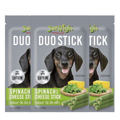 JerHigh Spinach With Cheese Duo Stick Dog Treat — in use