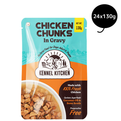 Kennel Kitchen Chicken Chunks in Gravy Puppy & Adult Dog Wet Food — in use