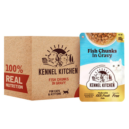 Kennel Kitchen Fish Chunks in Gravy Kitten and Adult Cat Wet Food — in use